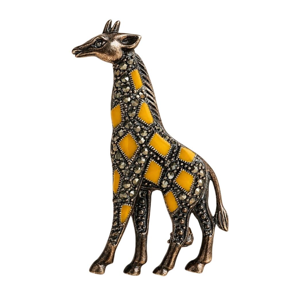 Vintage Sterling Marcasite Giraffe Brooch Yellow Enamel 925 Thailand